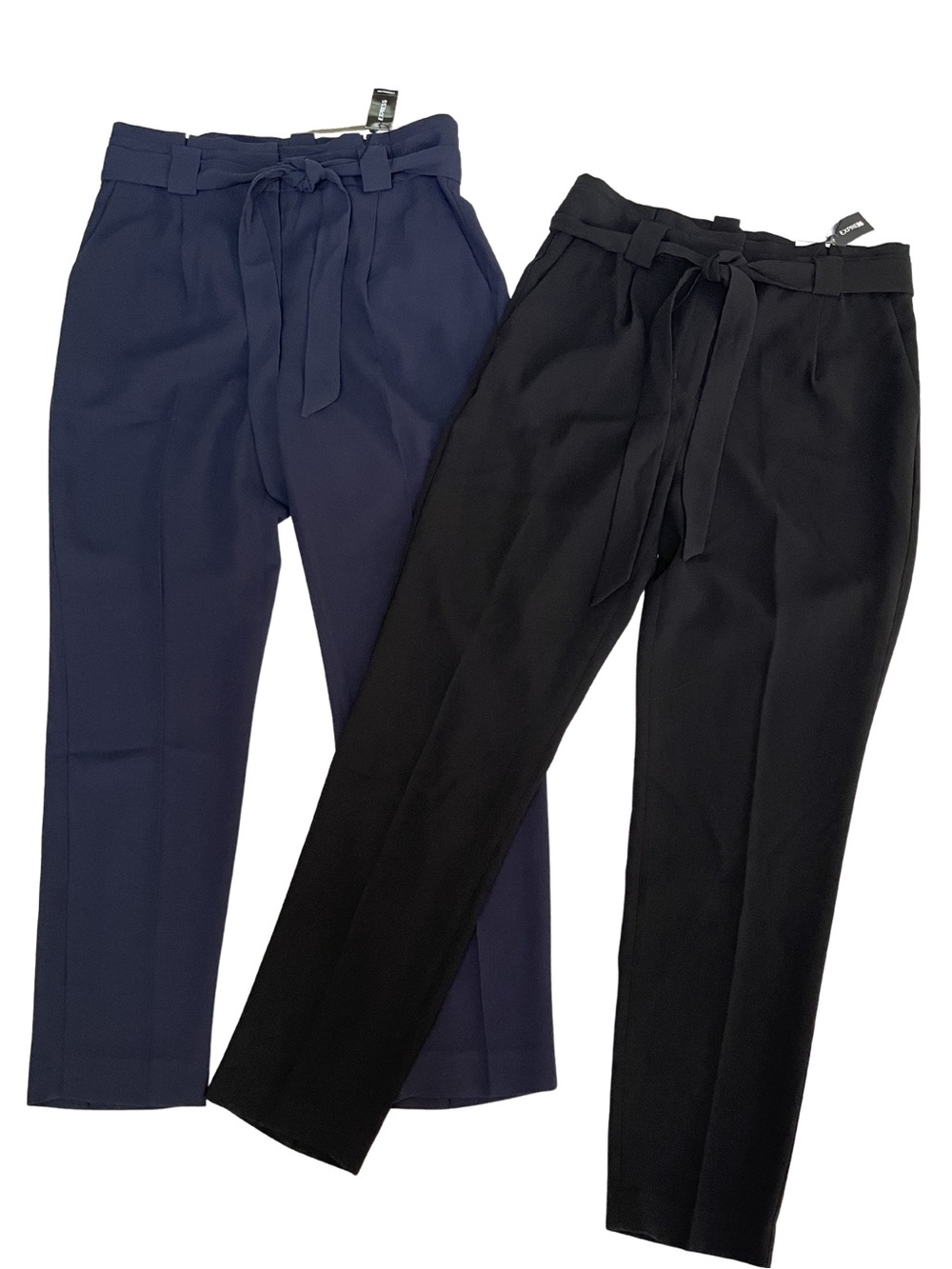 NWT Express Bundle Black Blue Paper Bag Tie Waist 10 Long Tall Trousers Pants